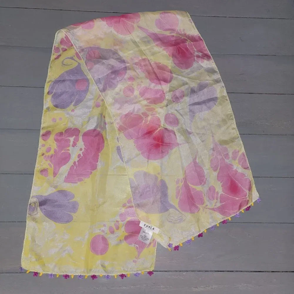 Furla Women's Pink & Yellow 100% Silk Beautiful Scarf Size 42 L X  11W I…